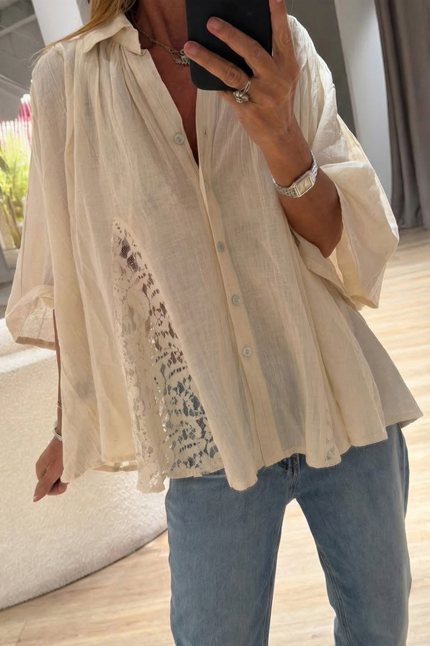 Oatmeal Sheer Lace Splicing Detail Bracelet Sleeve Loose Flowy Shirt