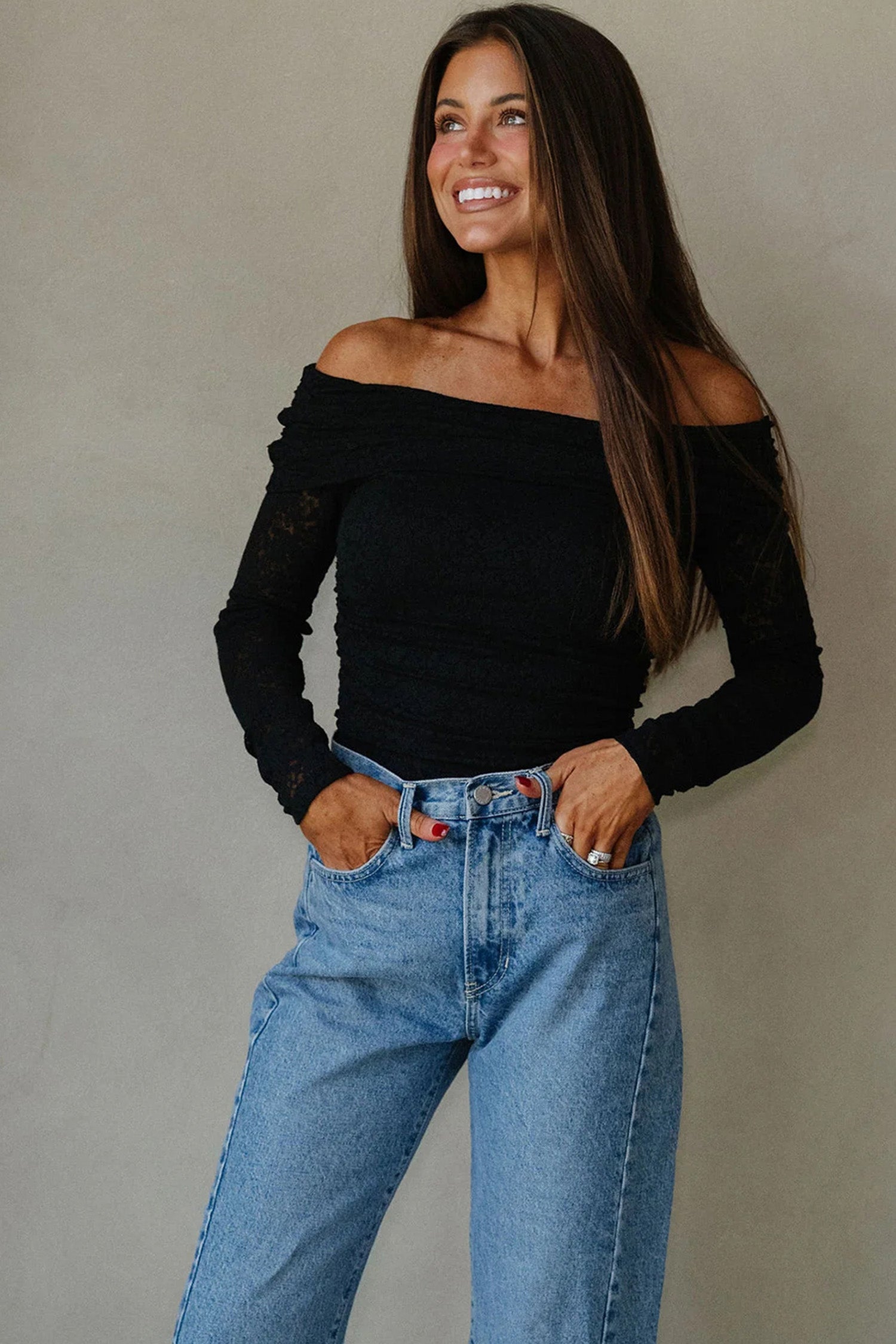 Black Floral Lace Off-shoulder Long Sleeve Slim Top-Tops/Long Sleeve Tops-[Adult]-[Female]-2022 Online Blue Zone Planet