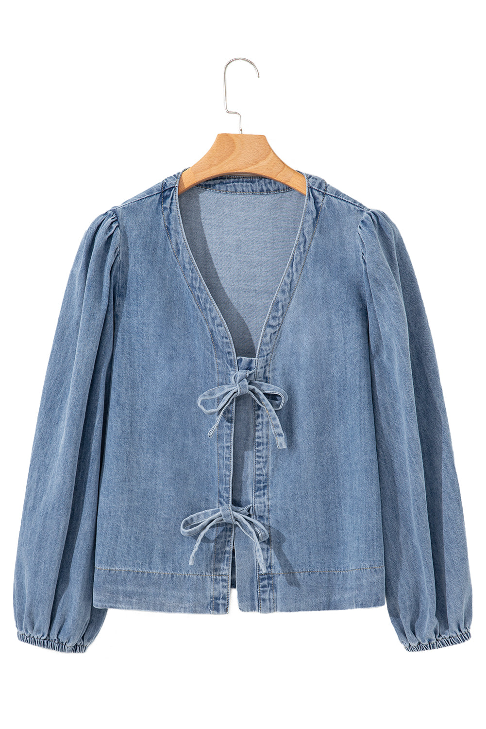Dusk Blue Tied Front Long Puff Sleeve Denim Top-Tops/Blouses & Shirts-[Adult]-[Female]-2022 Online Blue Zone Planet