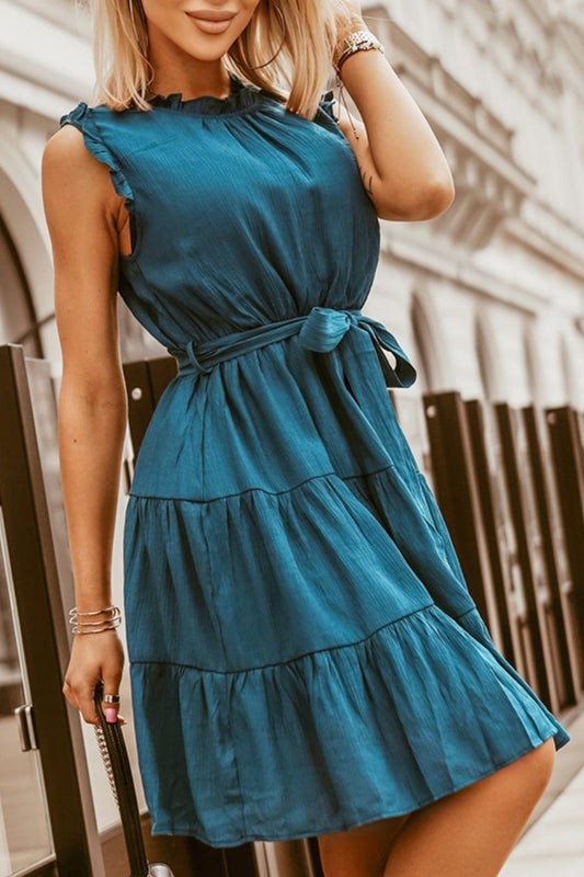 Frill Tied Round Neck Sleeveless Tiered Dress-TOPS / DRESSES-[Adult]-[Female]-Deep Teal-S-2022 Online Blue Zone Planet