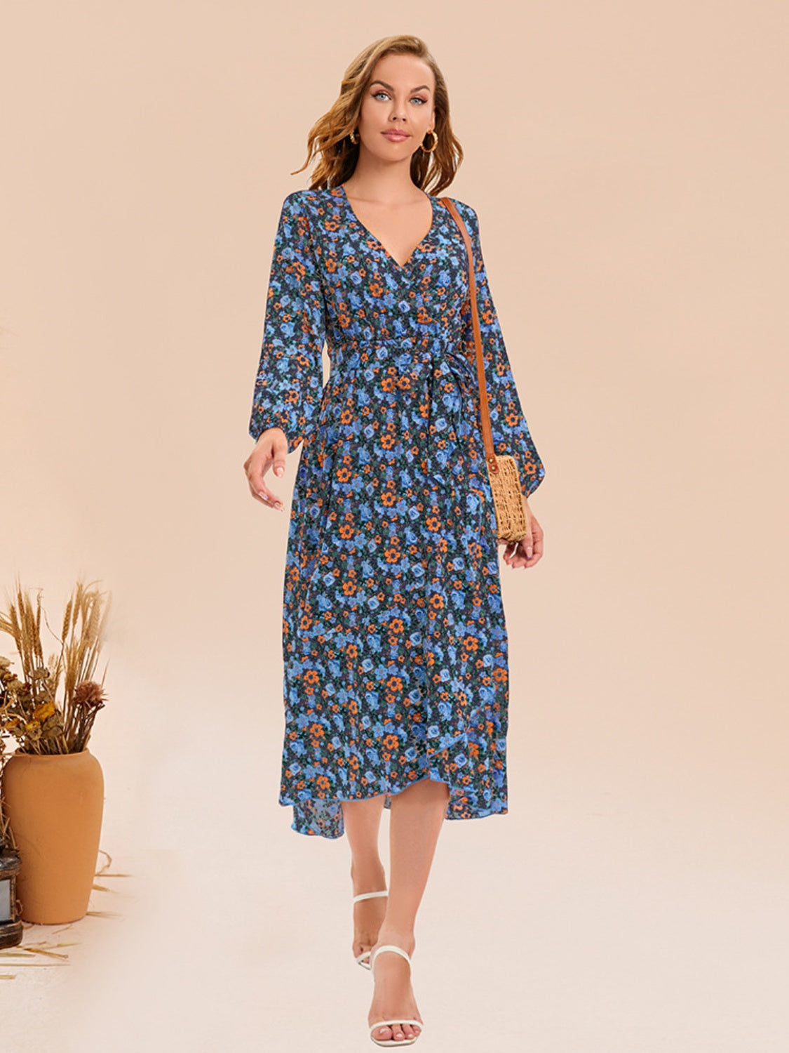 Full Size Printed Surplice Long Sleeve Dress BLUE ZONE PLANET