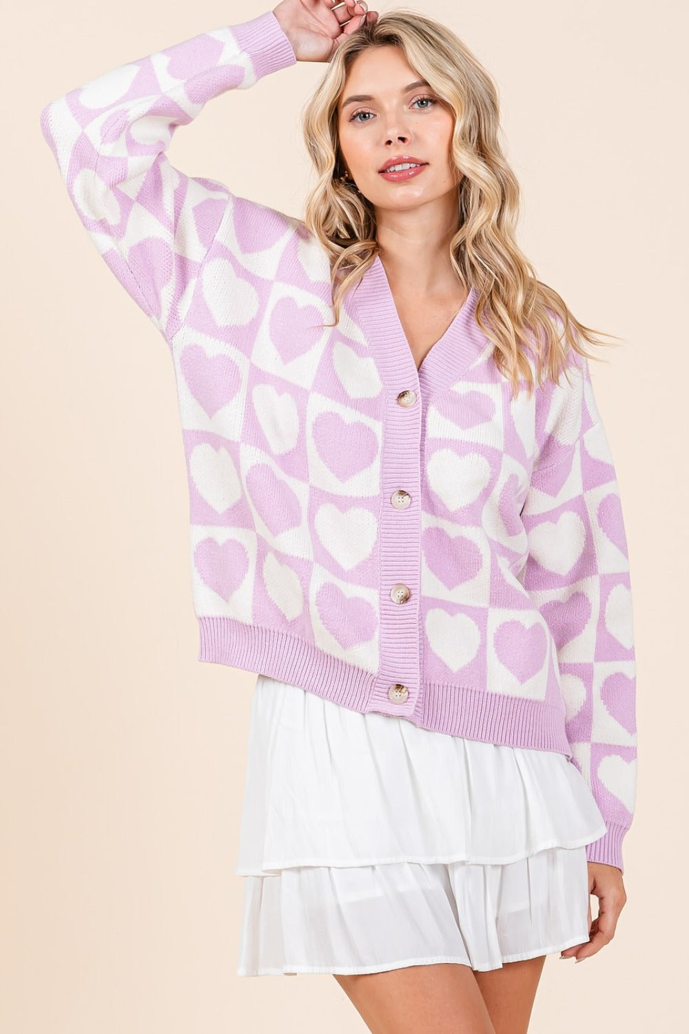 Blue Zone Planet | Mittoshop Checkered Heart Button Down Cardigan-TOPS / DRESSES-[Adult]-[Female]-Lilac-S-2022 Online Blue Zone Planet