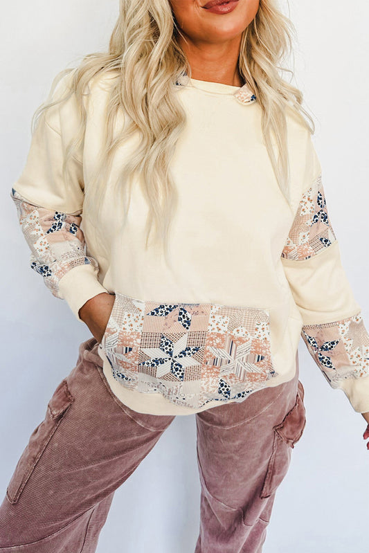 Beige Western Geo Pattern Patchwork Hoodie with Kangaroo Pocket-Tops/Sweatshirts & Hoodies-[Adult]-[Female]-Beige-S-2022 Online Blue Zone Planet