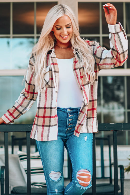 Khaki Plaid Print Buttoned Shirt Coat with Pocket-Outerwear/Plaid Shackets-[Adult]-[Female]-Khaki-S-2022 Online Blue Zone Planet