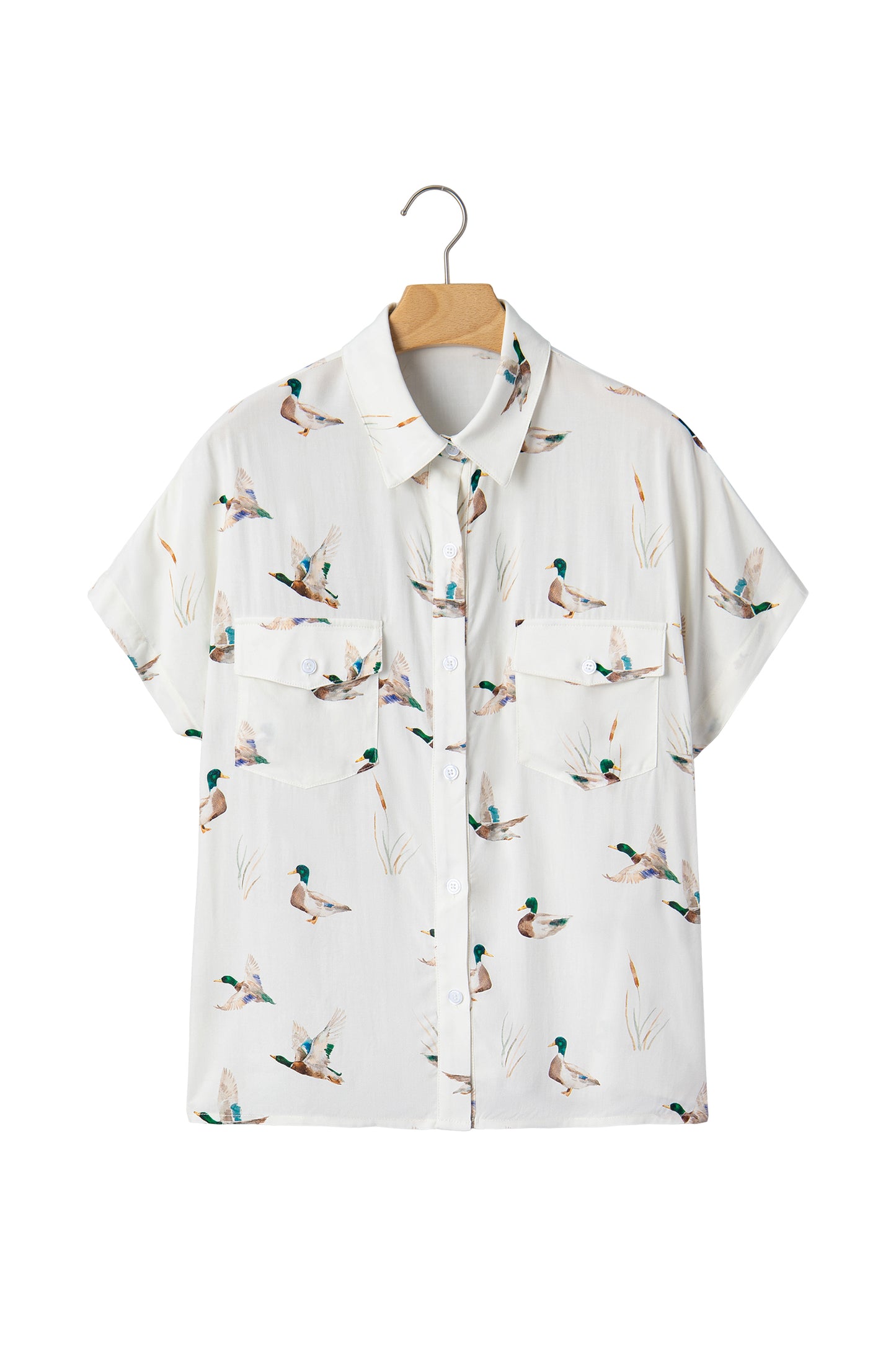 White Mallard Printed Button Flap Pocket Short Sleeve Shirt-Tops/Blouses & Shirts-[Adult]-[Female]-2022 Online Blue Zone Planet