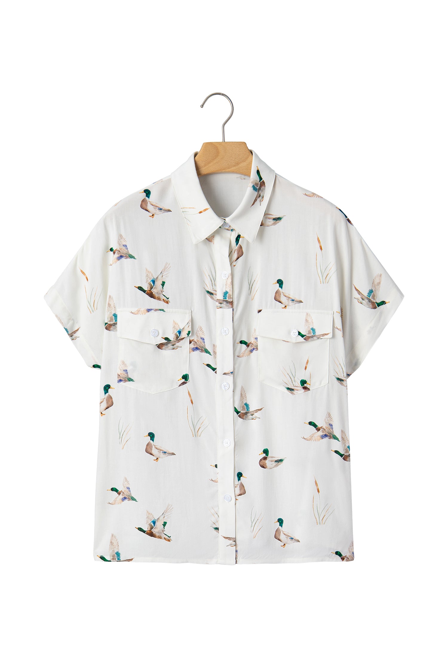 White Mallard Printed Button Flap Pocket Short Sleeve Shirt-Tops/Blouses & Shirts-[Adult]-[Female]-2022 Online Blue Zone Planet