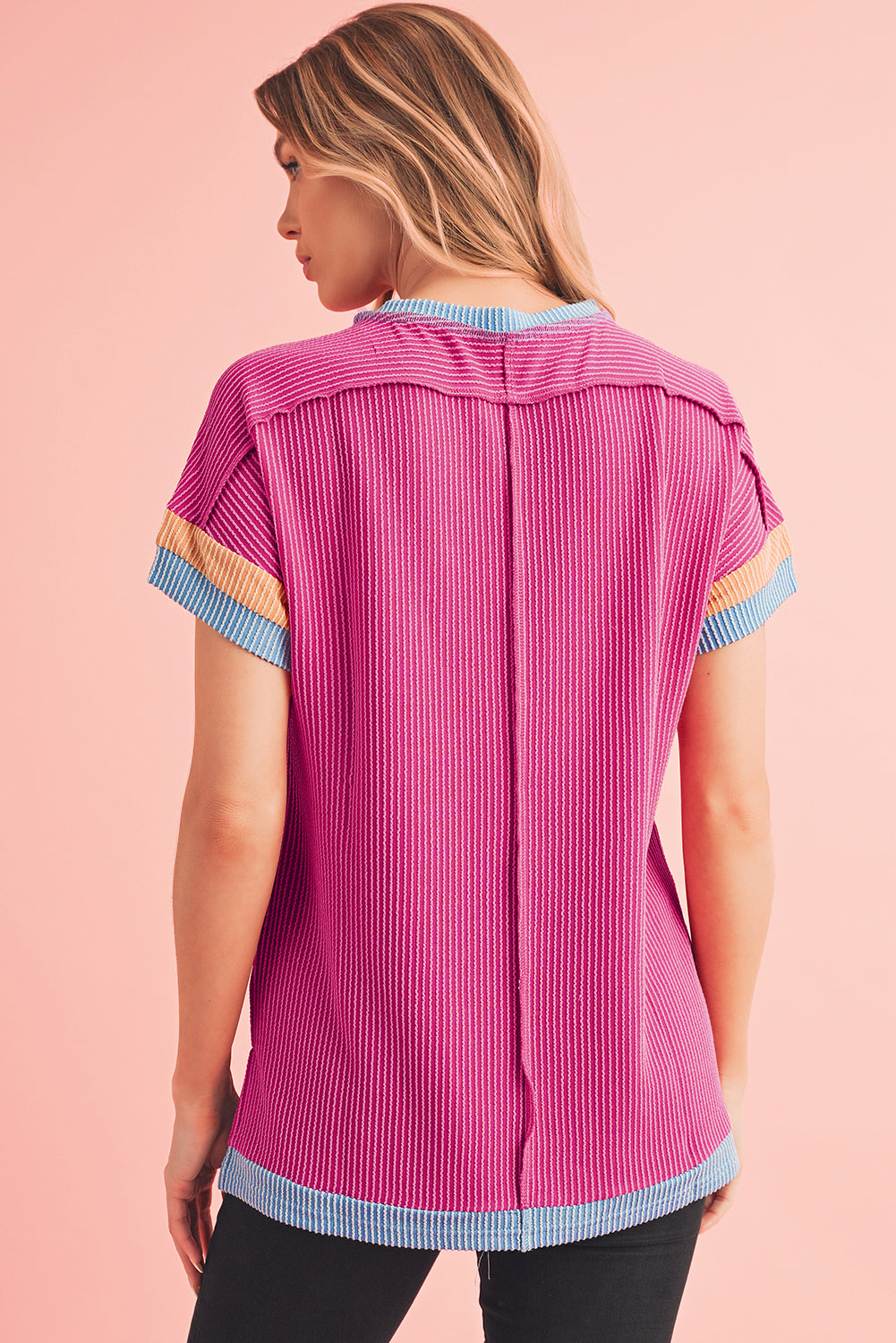 Sky Blue Textured Colorblock Round Neck T Shirt-T Shirts-[Adult]-[Female]-2022 Online Blue Zone Planet