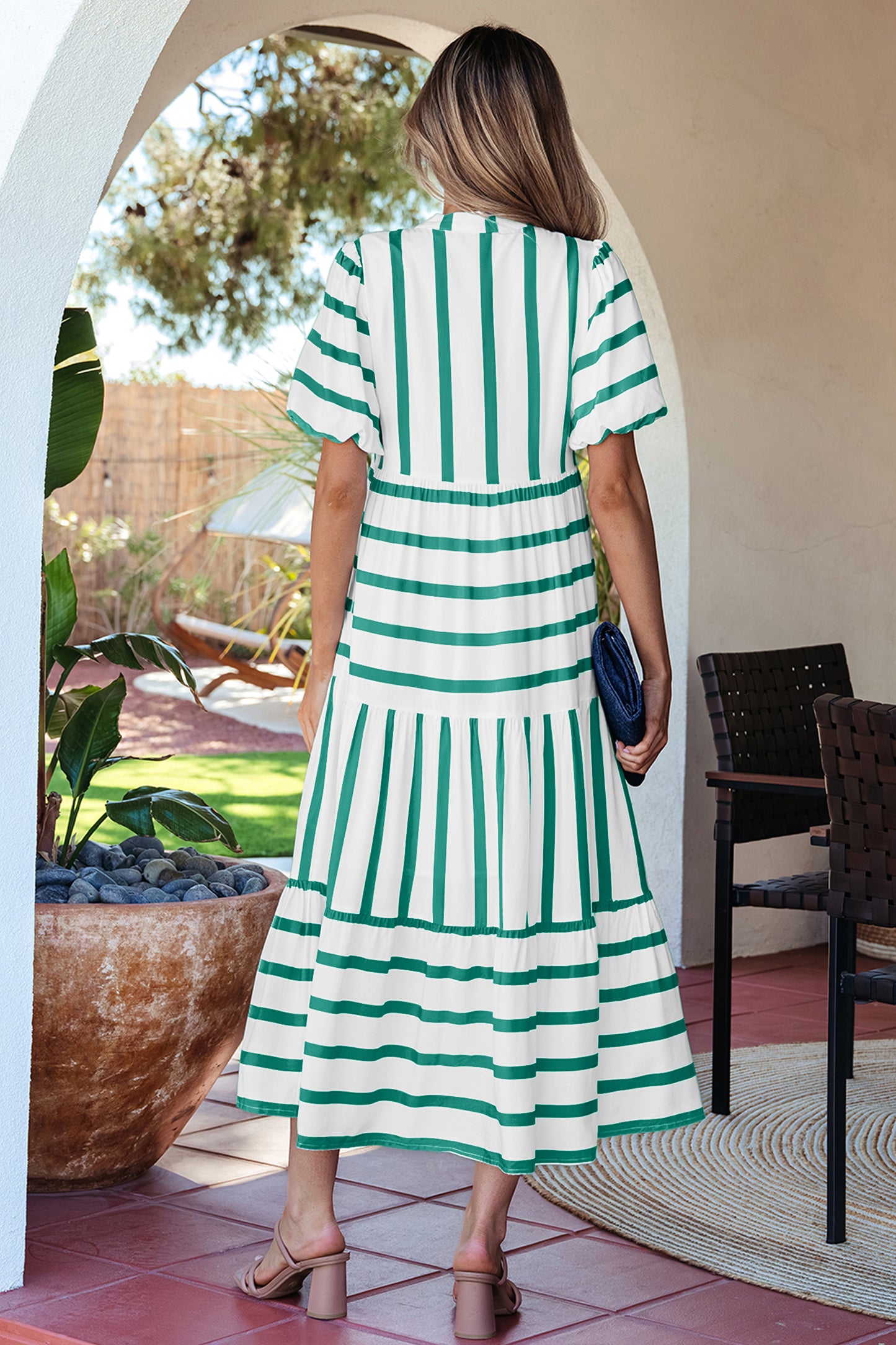 Green Stripe Ricrac Trim Notched Neck Half Sleeve Vacation Dress-Dresses/Midi Dresses-[Adult]-[Female]-2022 Online Blue Zone Planet