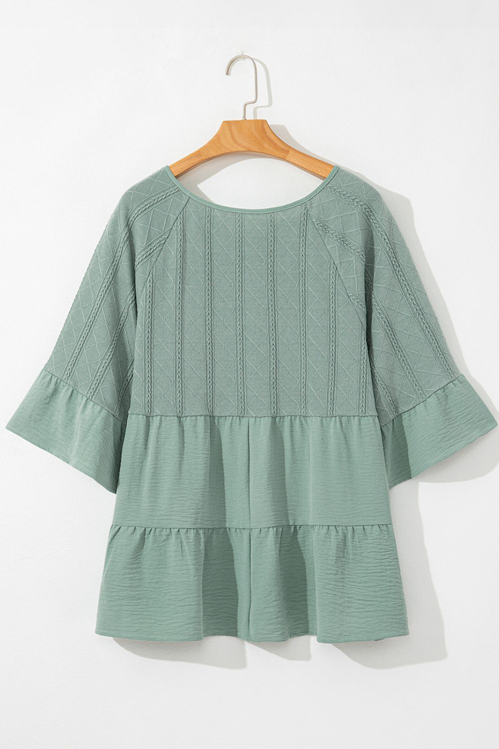 Ruffled Tie Neck Three-Quarter Sleeve Blouse-TOPS / DRESSES-[Adult]-[Female]-2022 Online Blue Zone Planet