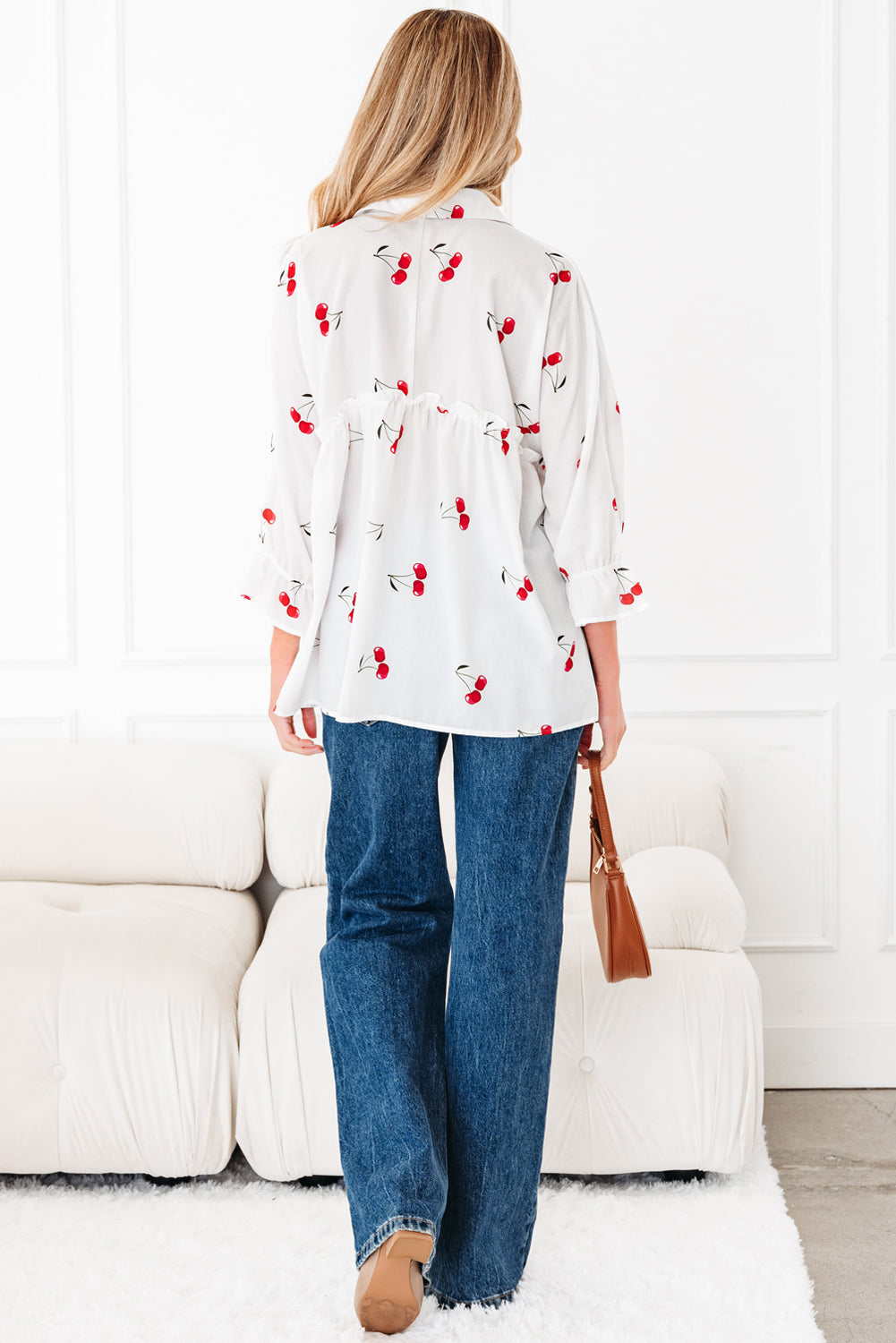 White Cherry Print Flounce Sleeve Collared Frilled Babydoll Blouse-Tops/Blouses & Shirts-[Adult]-[Female]-2022 Online Blue Zone Planet