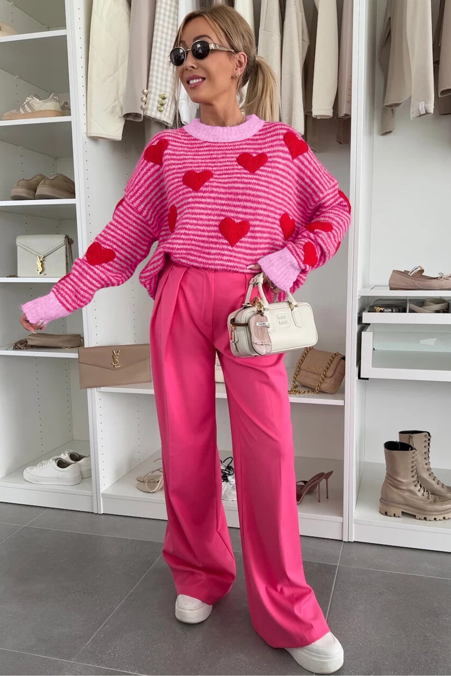 Gray Stripe Contrast Heart Pattern Brushed Knit Sweater-TOPS / DRESSES-[Adult]-[Female]-2022 Online Blue Zone Planet