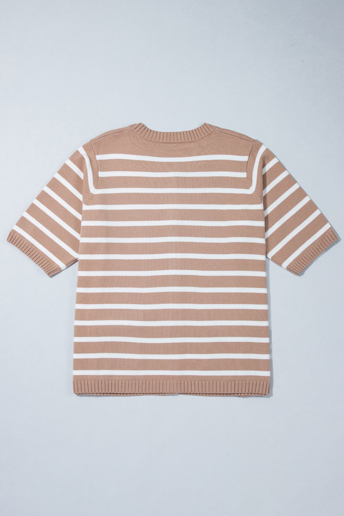 Khaki Stripe Button Down Short Sleeve Knit Plus Size Cardigan-Plus Size/Plus Size Sweaters & Cardigans-[Adult]-[Female]-2022 Online Blue Zone Planet