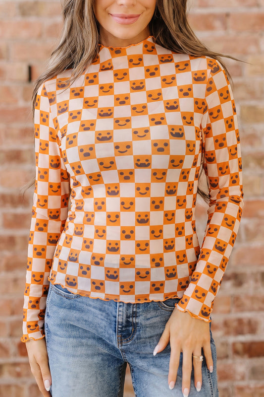 Orange Abstract Halloween Pattern Long Sleeve Stand Neck Shift Blouse-Tops/Long Sleeve Tops-[Adult]-[Female]-2022 Online Blue Zone Planet