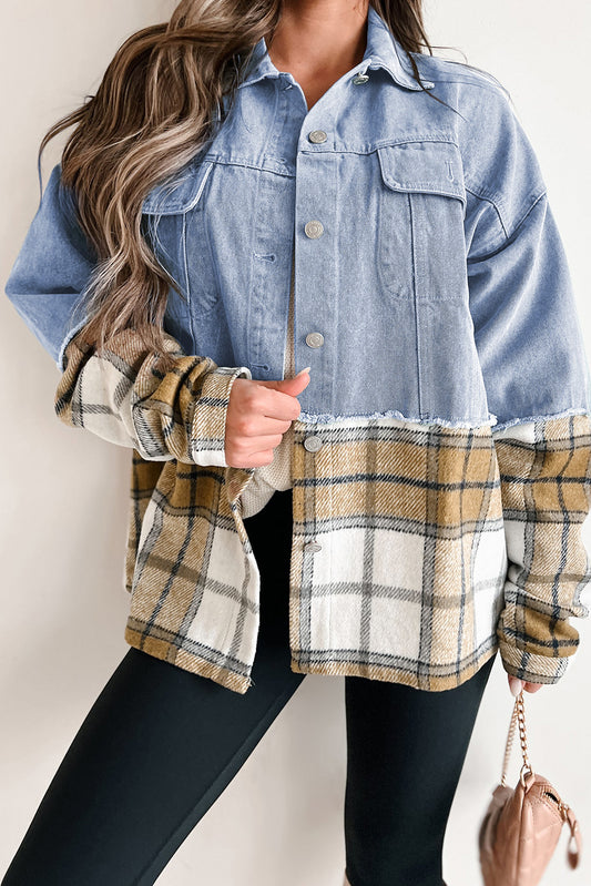 Blue Zone Planet | Khaki Plaid Patchwork Buttoned Oversized Denim Jacket-Outerwear/Denim jackets-[Adult]-[Female]-Khaki-S-2022 Online Blue Zone Planet