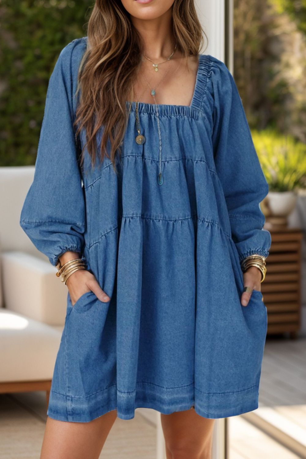 Tied Square Neck Long Sleeve Denim Dress with Pockets-TOPS / DRESSES-[Adult]-[Female]-Medium-S-2022 Online Blue Zone Planet