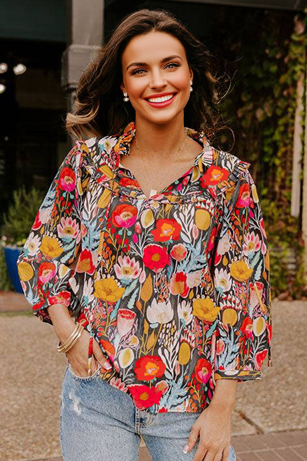 Black Floral 3/4 Puff Sleeve Tied Neck Blouse-Tops/Blouses & Shirts-[Adult]-[Female]-2022 Online Blue Zone Planet