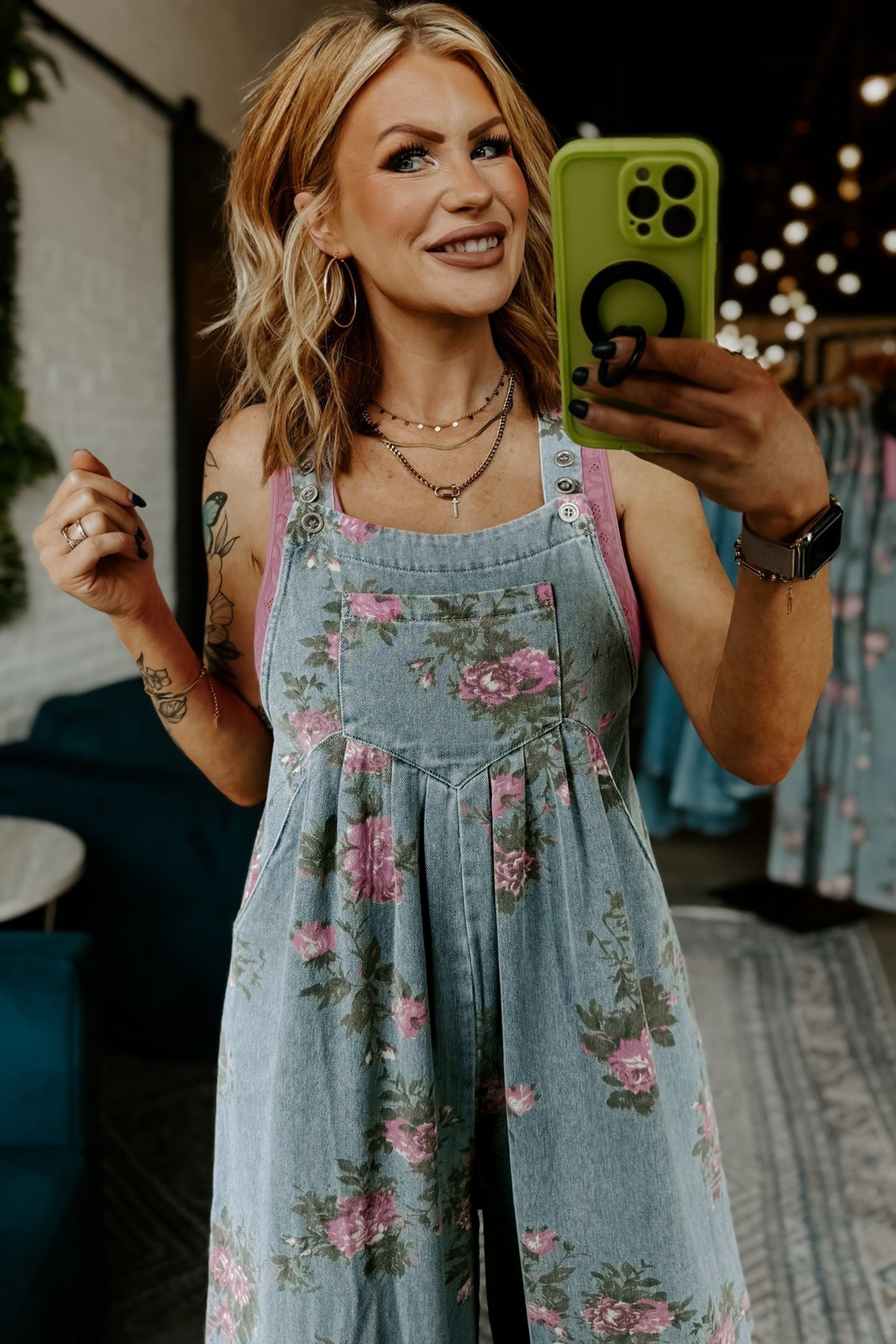 Beau Blue Floral Print Pleated High Waist Wide Leg Denim Jumpsuit-Jumpsuits & Rompers-[Adult]-[Female]-2022 Online Blue Zone Planet