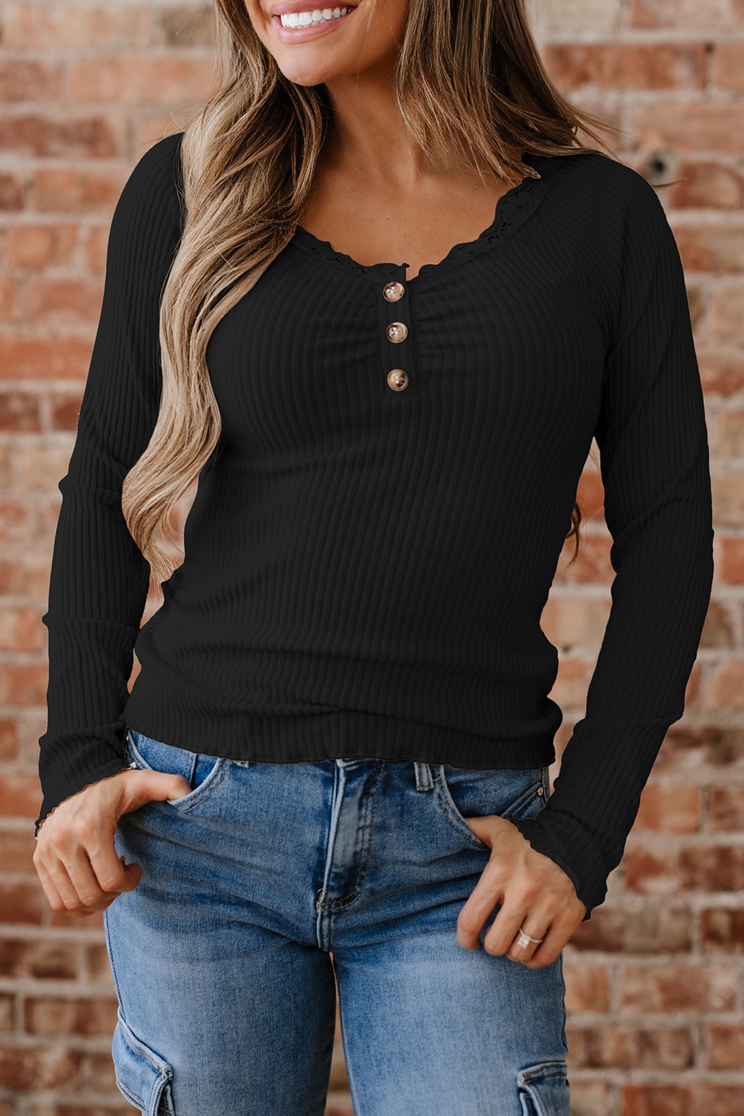 Black Lace Neckline Button Decor Lettuce Edge Long Sleeve Ribbed Top-Tops/Long Sleeve Tops-[Adult]-[Female]-2022 Online Blue Zone Planet