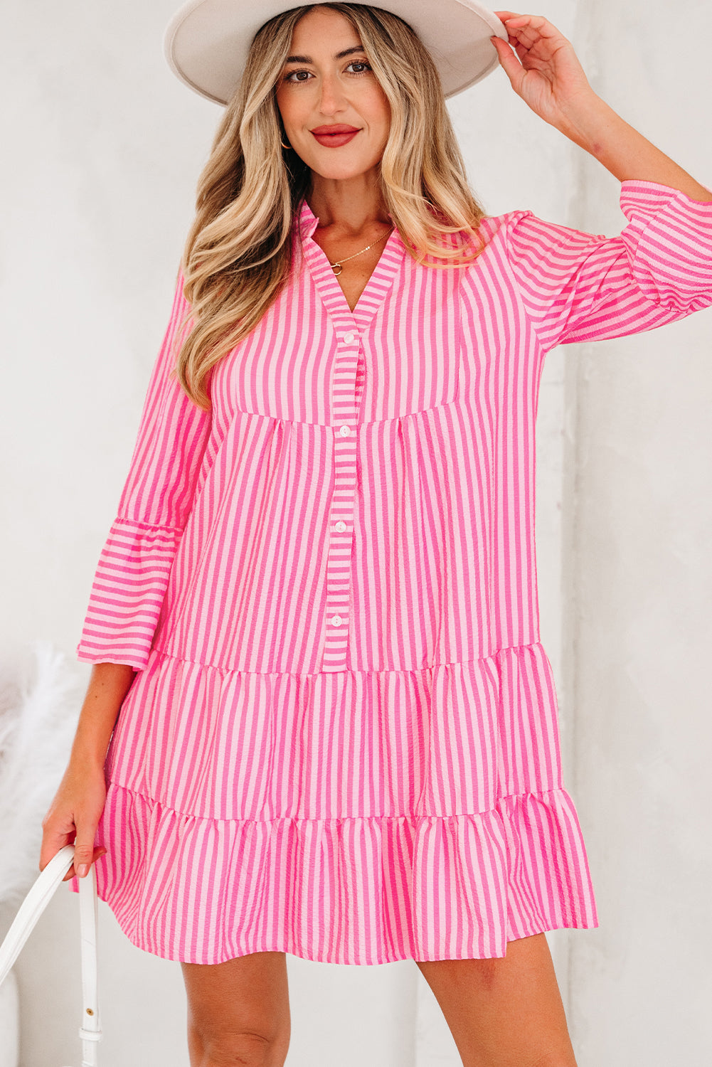 Pink Stripe Flare Sleeve Half Placket Tiered Flowy Mini Dress-TOPS / DRESSES-[Adult]-[Female]-2022 Online Blue Zone Planet