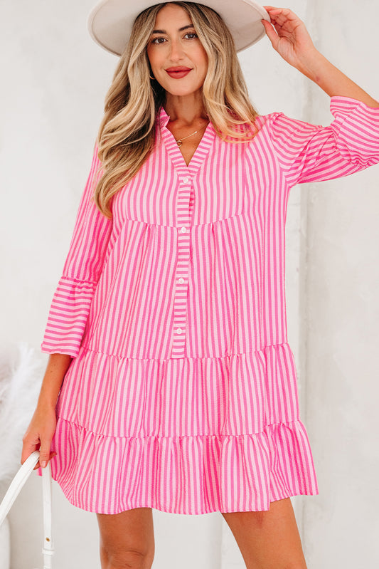 Pink Stripe Flare Sleeve Half Placket Tiered Flowy Mini Dress-TOPS / DRESSES-[Adult]-[Female]-2022 Online Blue Zone Planet