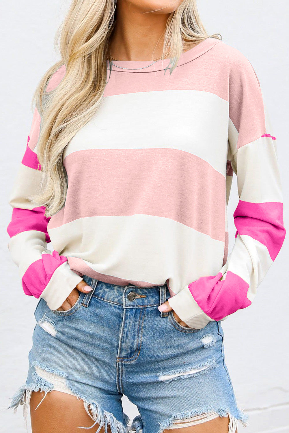 Rose Red Colorblock Striped Drop Shoulder Long Sleeve Top-Tops/Long Sleeve Tops-[Adult]-[Female]-Light Pink-S-2022 Online Blue Zone Planet