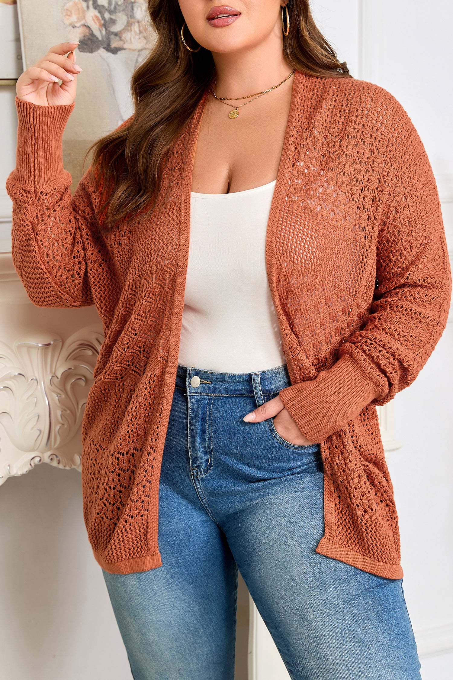 Redwood Burl Mixed Pattern Knitted Open Front Plus Cardigan-Plus Size/Plus Size Sweaters & Cardigans-[Adult]-[Female]-2022 Online Blue Zone Planet
