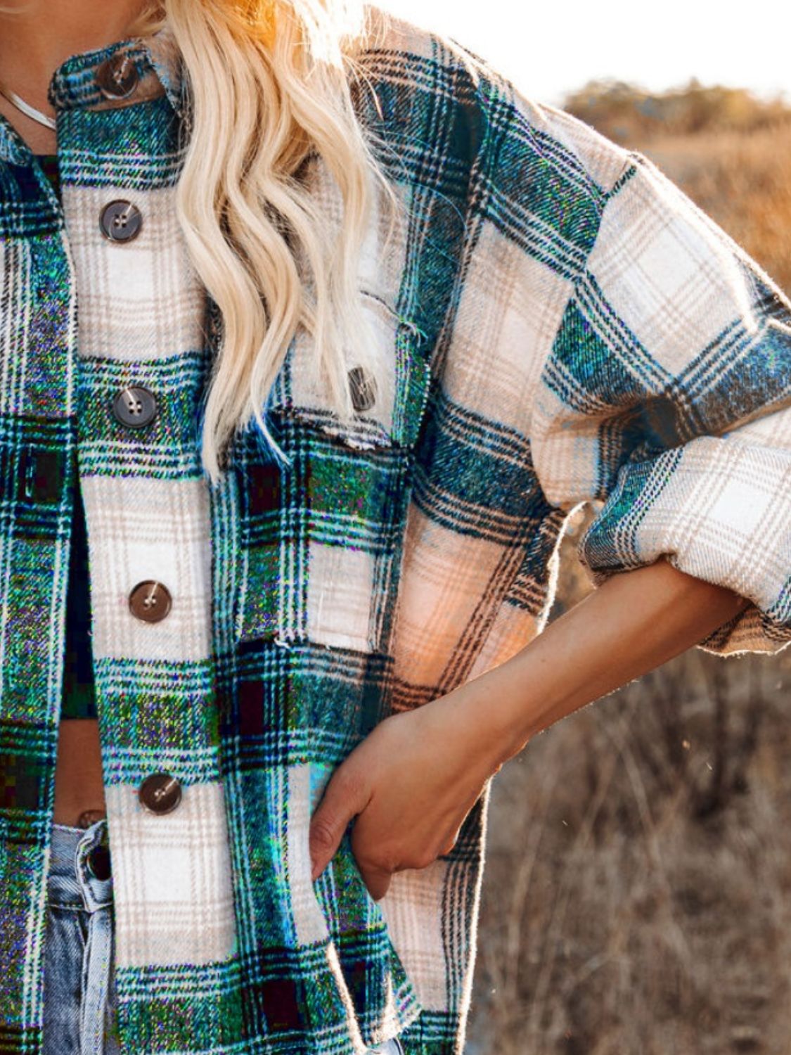 Pocketed Plaid Button Down Long Sleeve Shacket-TOPS / DRESSES-[Adult]-[Female]-2022 Online Blue Zone Planet