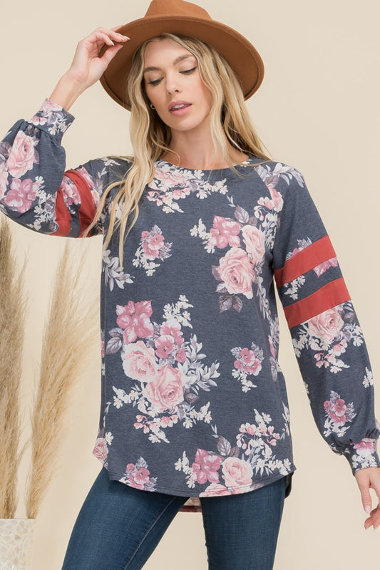 Celeste Full Size Floral Curved Hem T-Shirt with Stripe Detail-TOPS / DRESSES-[Adult]-[Female]-Navy Floral-S-2022 Online Blue Zone Planet