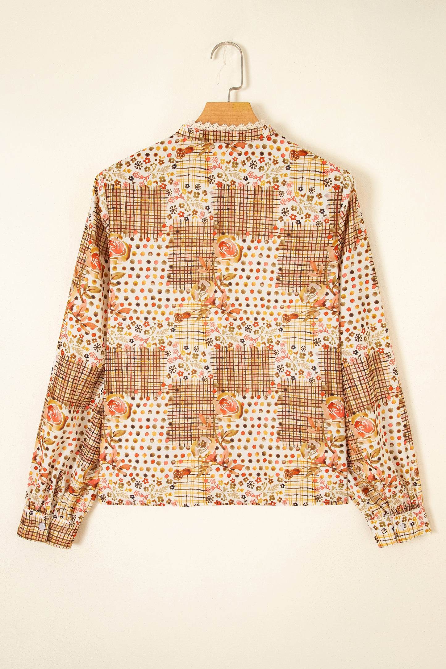 Brown Floral Lace Trim Button Down Long Sleeve Shirt-Tops/Blouses & Shirts-[Adult]-[Female]-2022 Online Blue Zone Planet