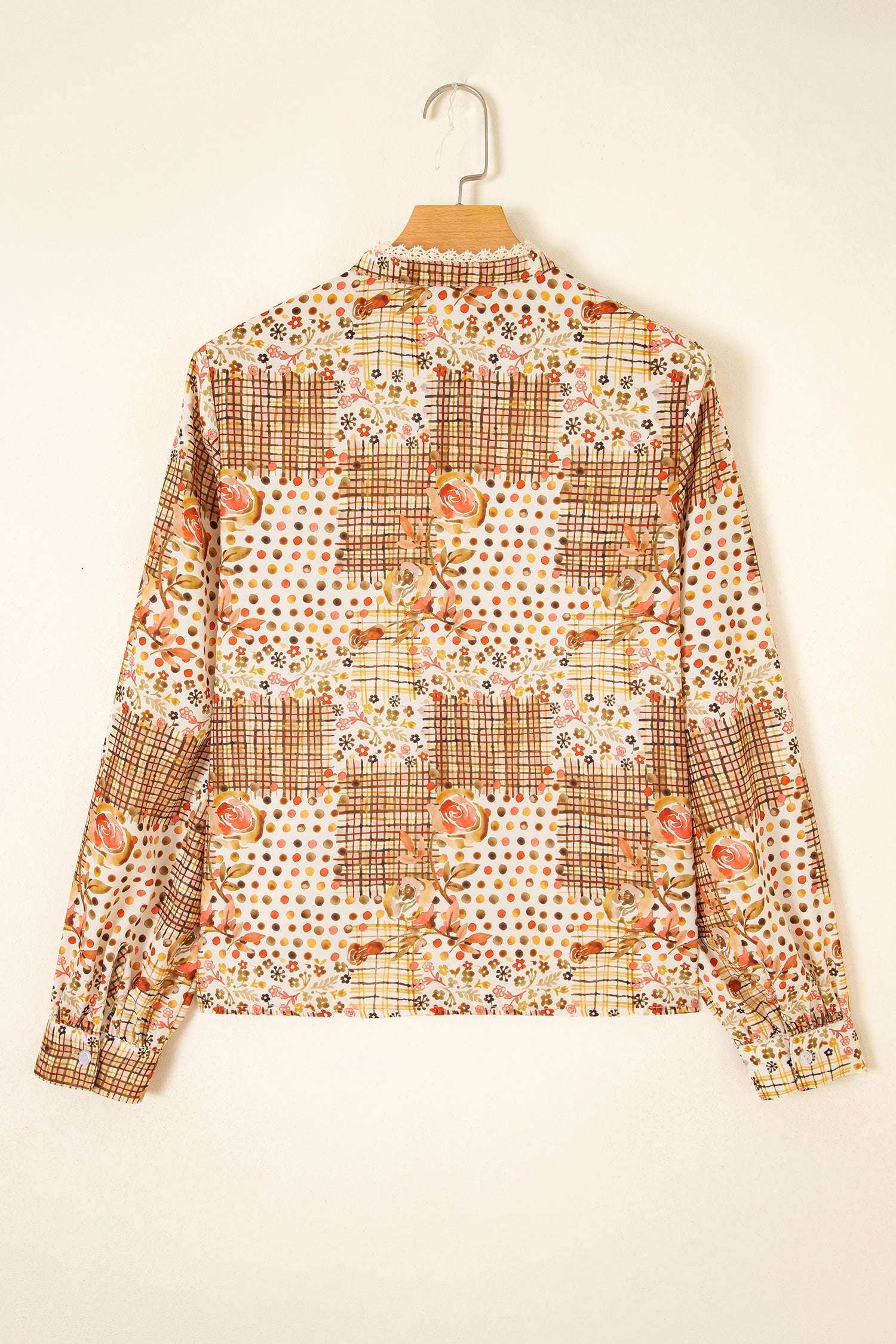 Brown Floral Lace Trim Button Down Long Sleeve Shirt-Tops/Blouses & Shirts-[Adult]-[Female]-2022 Online Blue Zone Planet