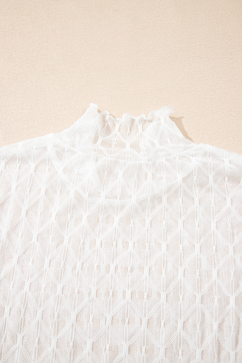 Beige Sheer Mesh Patterned Lettuce Trim Slim Long Sleeve Top-Tops/Long Sleeve Tops-[Adult]-[Female]-2022 Online Blue Zone Planet