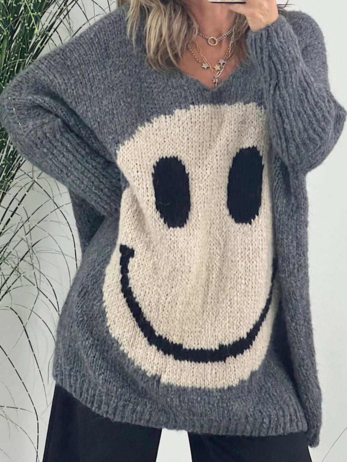 Smiling Face V-Neck Long Sleeve Sweater-TOPS / DRESSES-[Adult]-[Female]-Dark Gray-S /M-2022 Online Blue Zone Planet