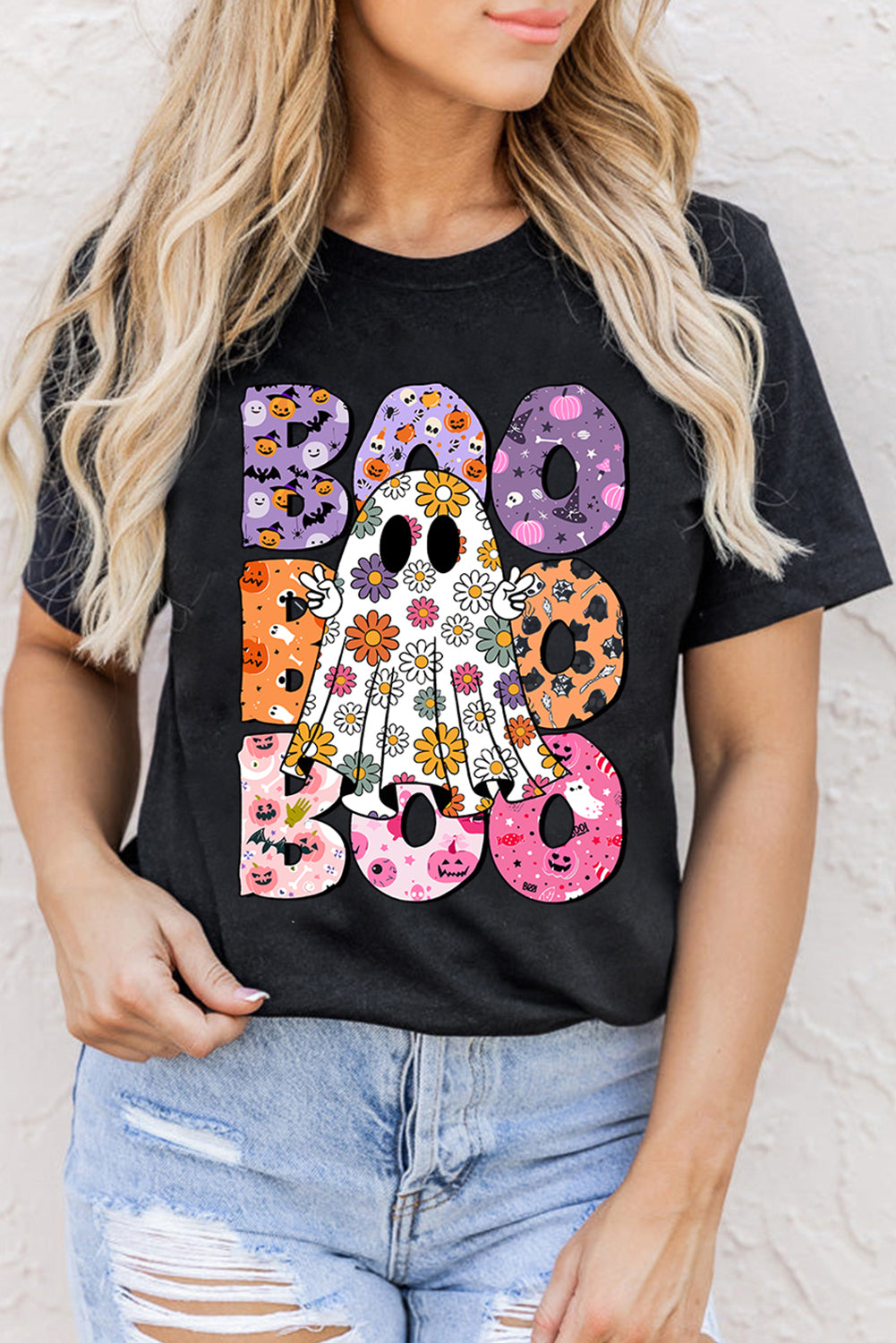 Black BOO Floral Ghost Print Crew Neck Halloween T Shirt-Graphic/Graphic Tees-[Adult]-[Female]-Black-S-2022 Online Blue Zone Planet