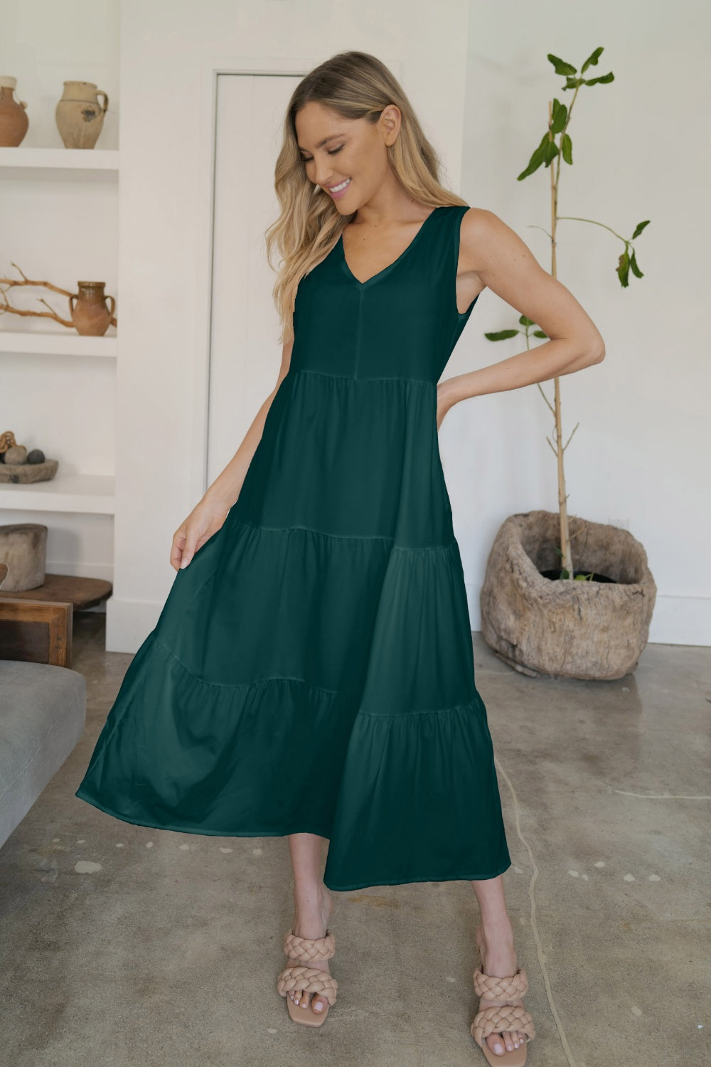 V-Neck Sleeveless Midi Tiered Dress-TOPS / DRESSES-[Adult]-[Female]-Dark Green-S-2022 Online Blue Zone Planet