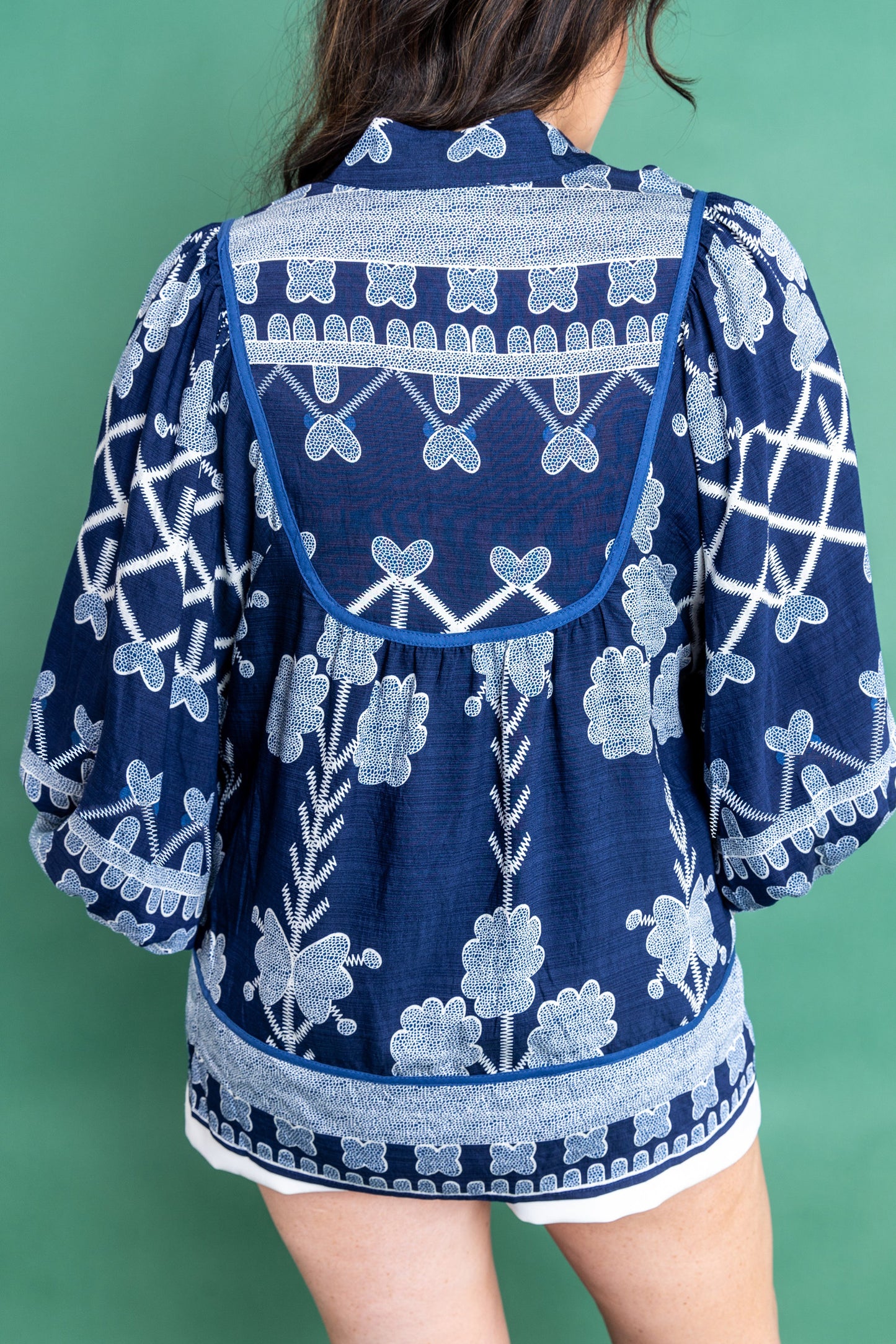 Blue Plus Size Floral Printed Notched Neck Long Sleeve Blouse-Plus Size/Plus Size Tops/Plus Size Blouses & Shirts-[Adult]-[Female]-2022 Online Blue Zone Planet