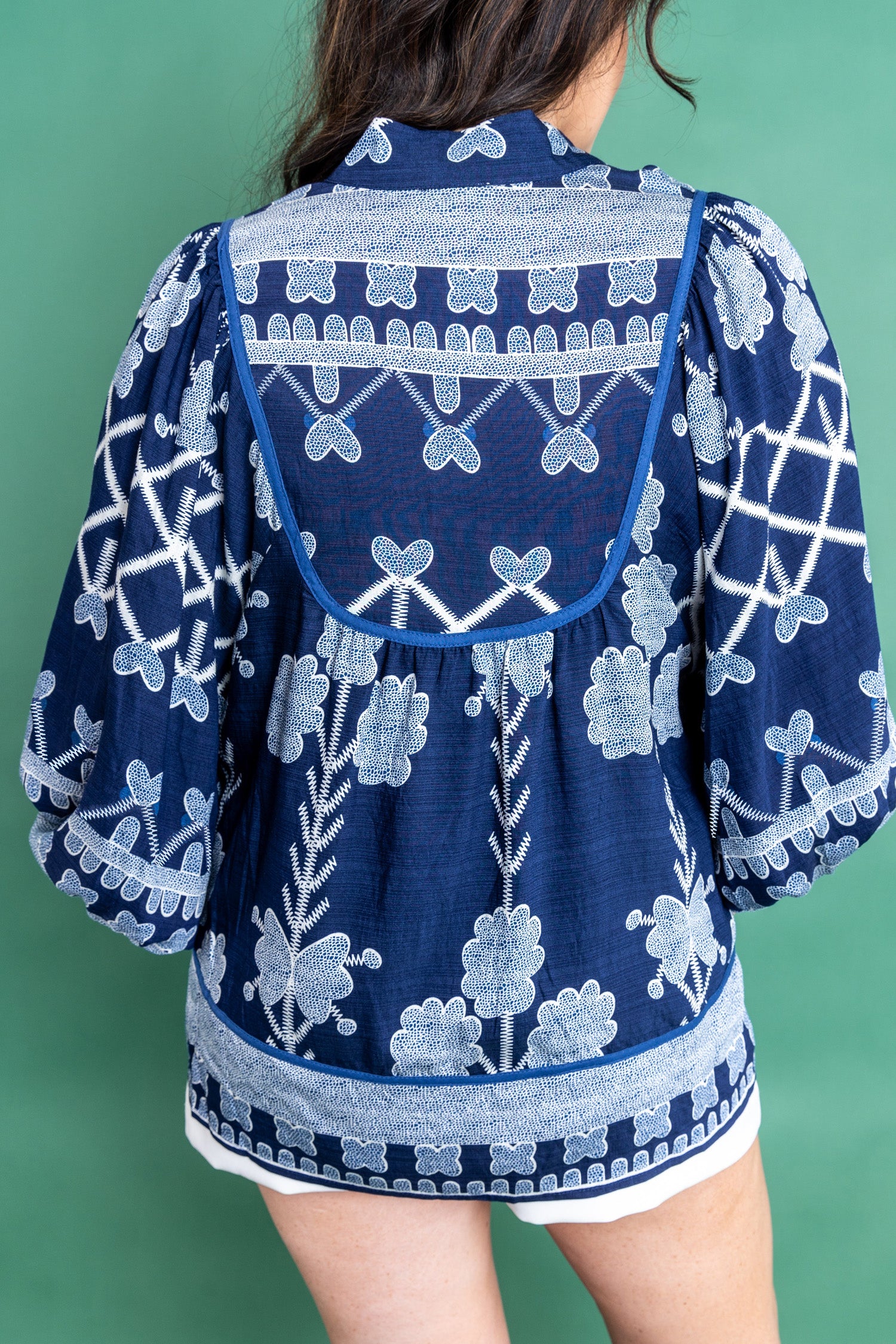 Blue Plus Size Floral Printed Notched Neck Long Sleeve Blouse-Plus Size/Plus Size Tops/Plus Size Blouses & Shirts-[Adult]-[Female]-2022 Online Blue Zone Planet