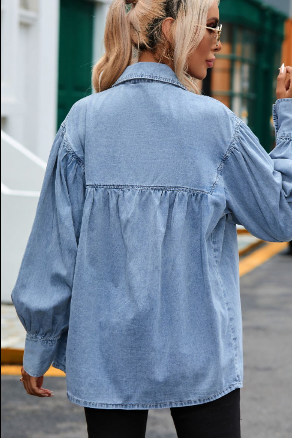 Collared Neck Lantern Sleeve Denim Top-TOPS / DRESSES-[Adult]-[Female]-2022 Online Blue Zone Planet