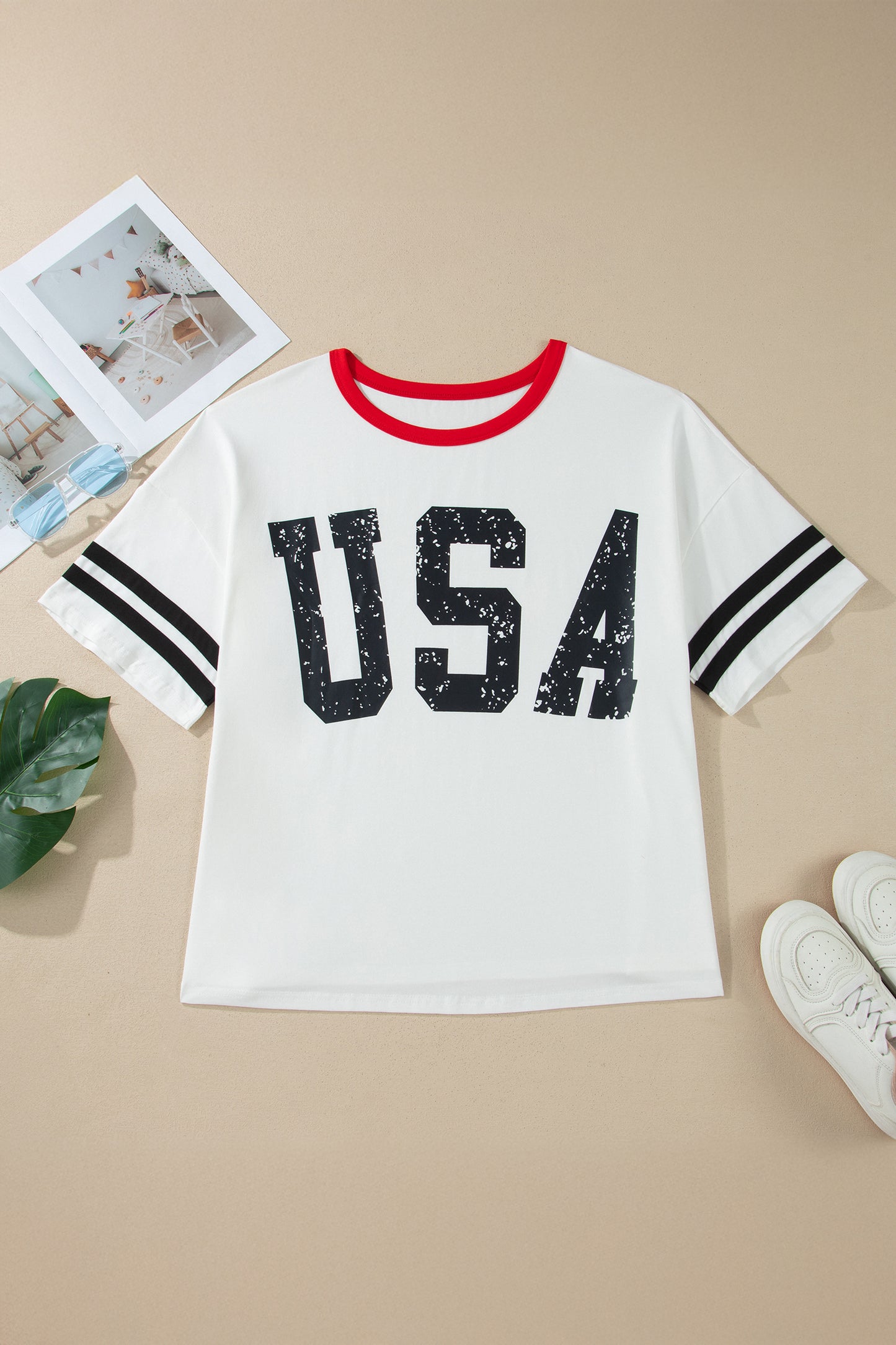 White Retro Usa Striped Trim Short Sleeve Plus Size Tee-Plus Size/Plus Size Tops/Plus Size Tops & Tees-[Adult]-[Female]-2022 Online Blue Zone Planet