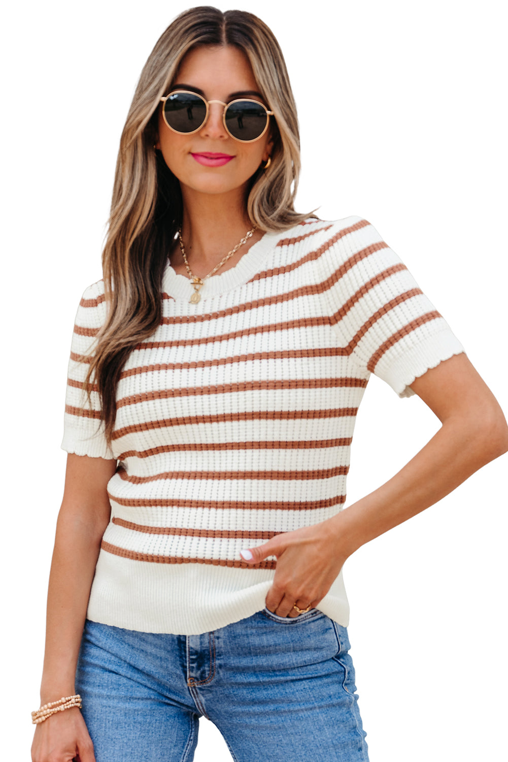 Khaki Stripe Scalloped Round Neck Short Sleeve Sweater-Sweaters & Cardigans/Short Sleeve Sweaters-[Adult]-[Female]-2022 Online Blue Zone Planet