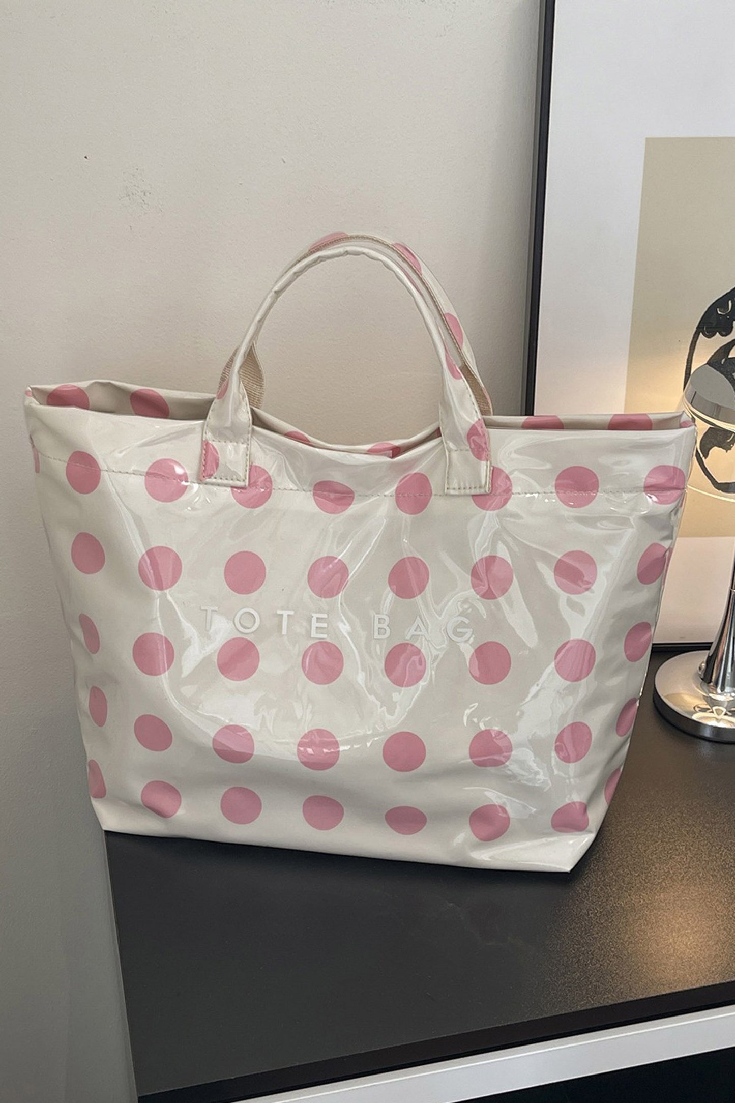 Dark Blue Polka Dot Durable Waterproof PVC Tote Bag
