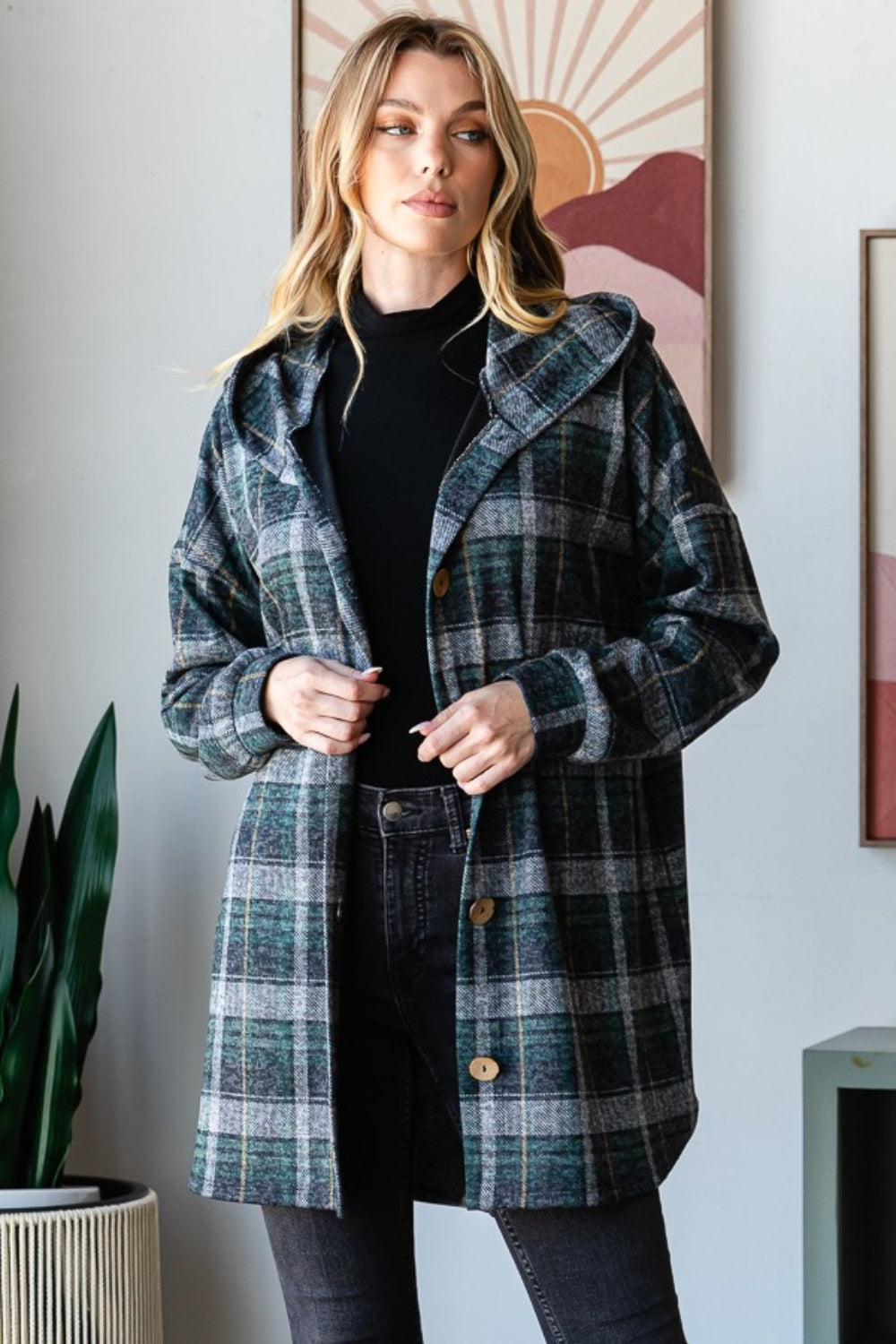 Blue Zone Planet | Heimish Plaid Button Down Long Sleeve Hooded Cardigan-TOPS / DRESSES-[Adult]-[Female]-2022 Online Blue Zone Planet