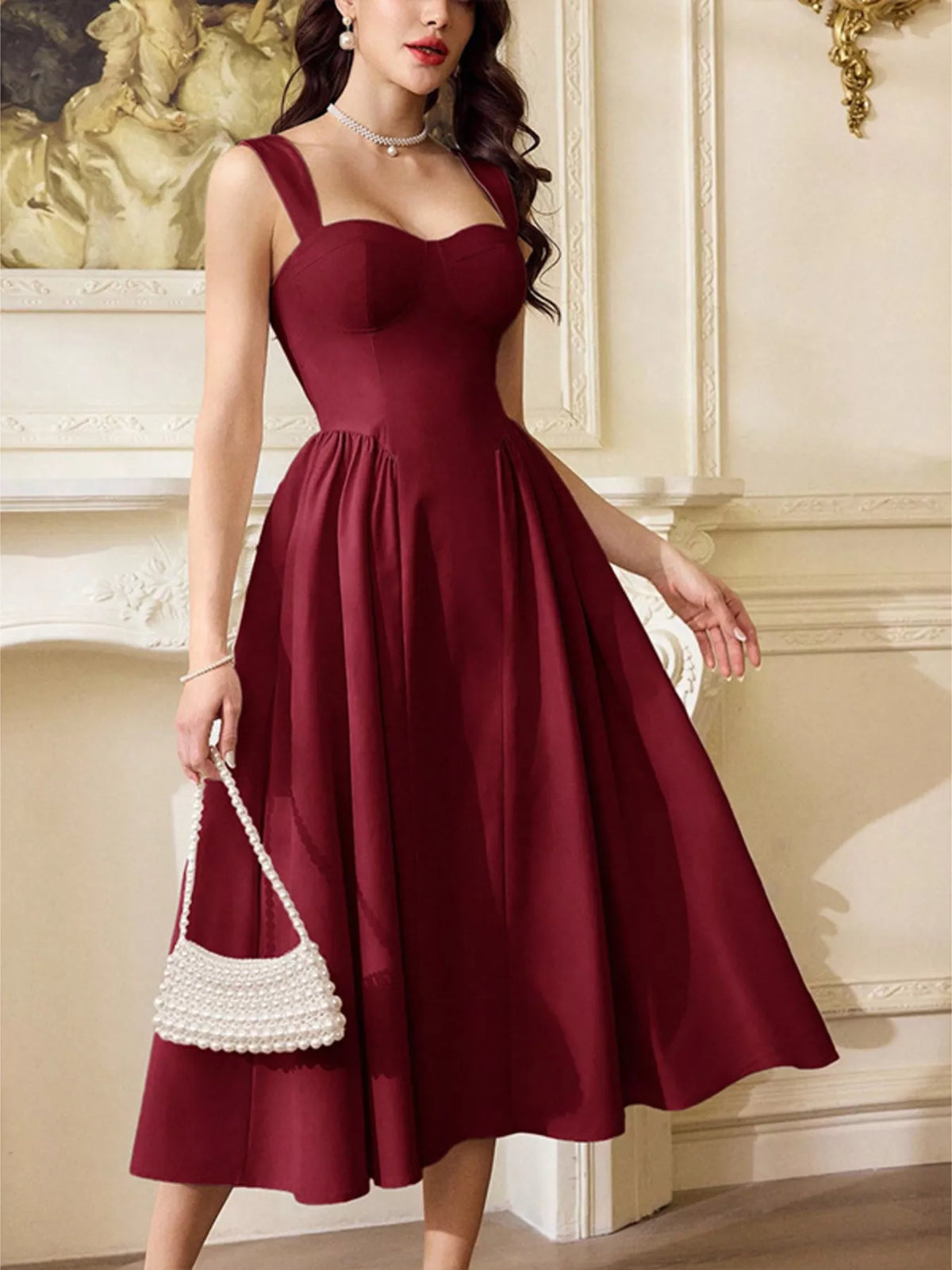 sweetheart neckline cocktail dress Samantha's A-Line Midi Color:Blue Floral-2 Romea | Black Sequin Satin Fit wedding dress with  ruffle skirt