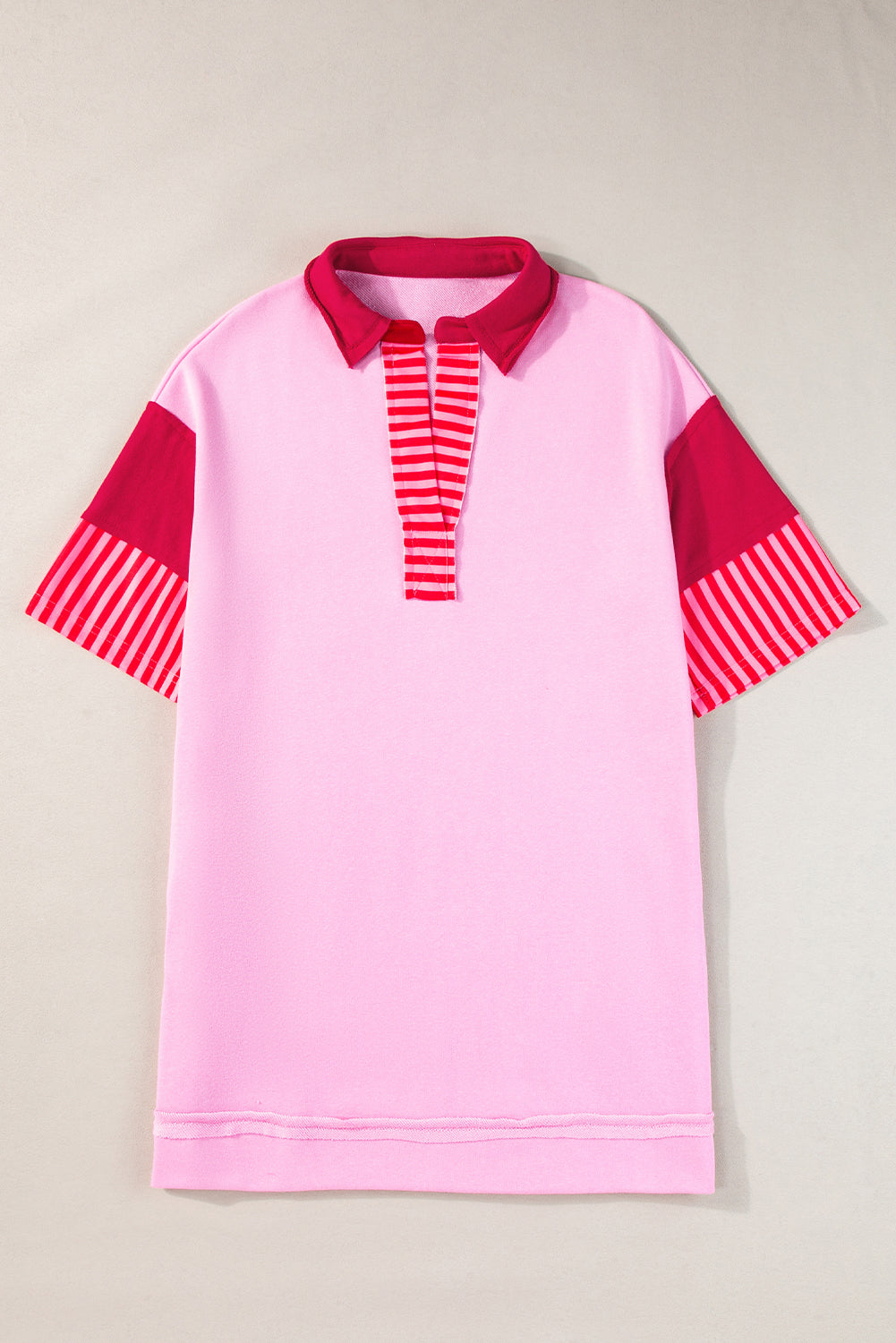 Blue Zone Planet | Pink Stripe Colorblock Patchwork Short Sleeve T Shirt Dress-TOPS / DRESSES-[Adult]-[Female]-2022 Online Blue Zone Planet