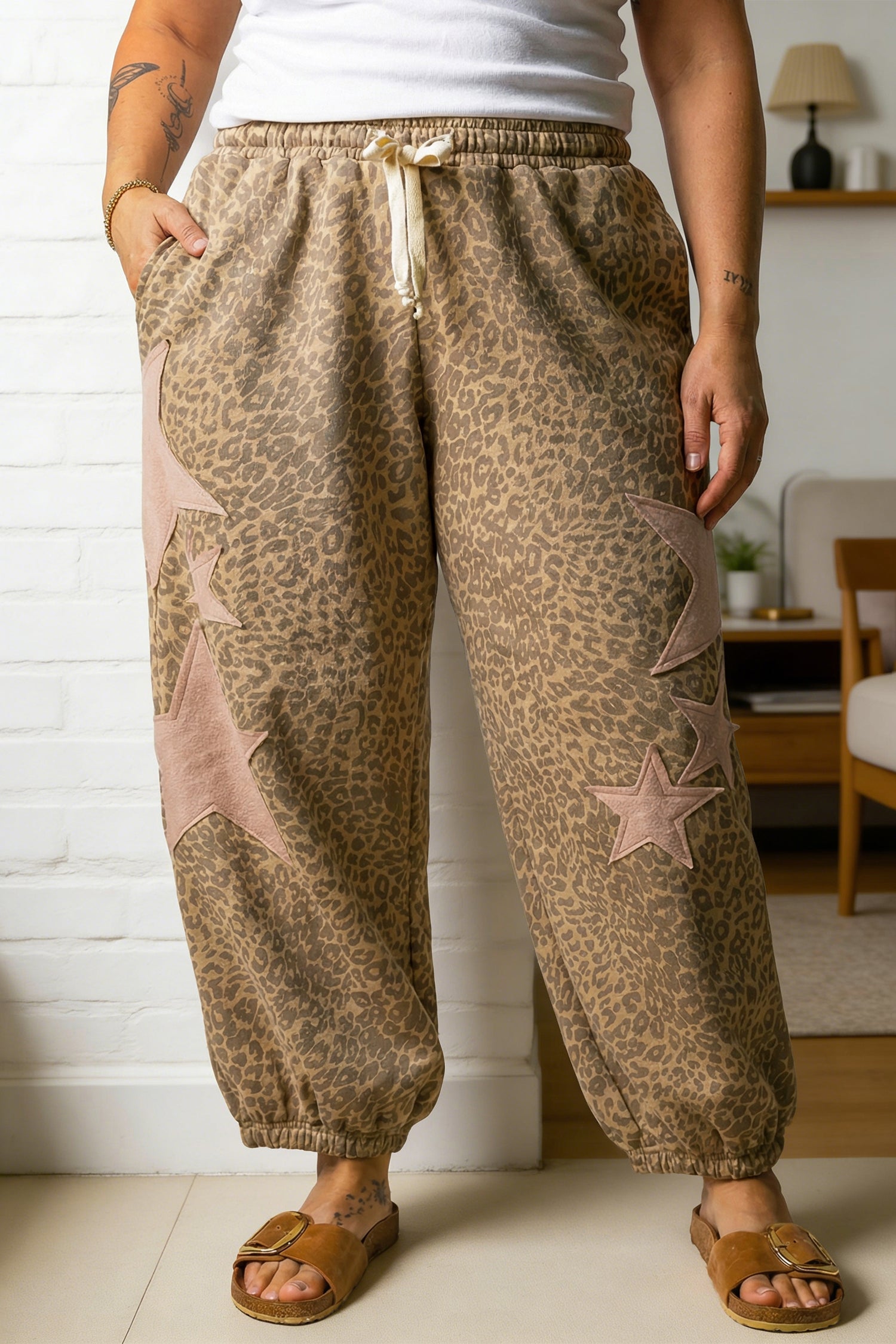 Khaki Plus Size Leopard Print Western Star Patched Jogger Pants-Plus Size/Plus Size Bottoms-[Adult]-[Female]-Khaki-1X-2022 Online Blue Zone Planet