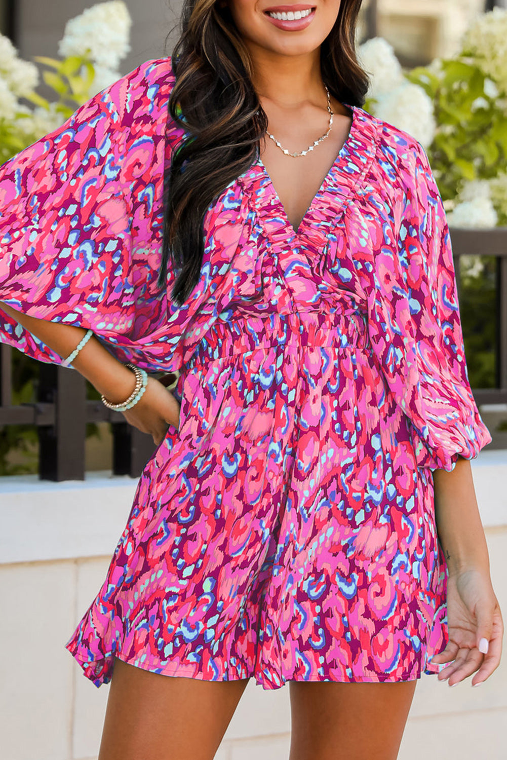 Blue Zone Planet |  Pink Abstract Print Puff Sleeve V Neck High Waist Romper