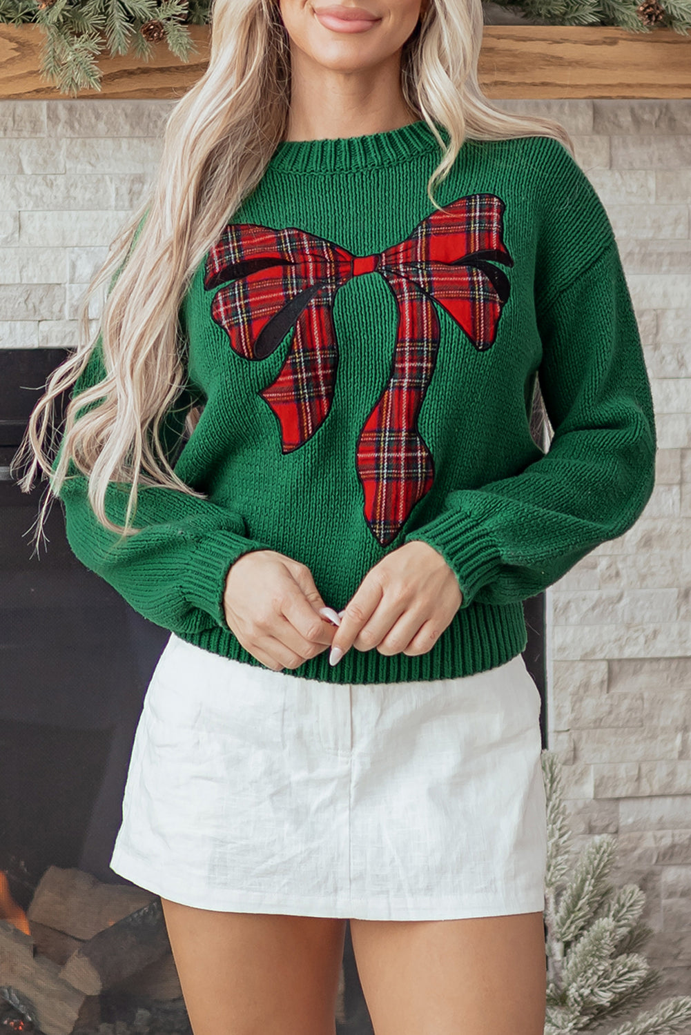 Evergreen Plaid Bow Graphic Christmas Sweater-TOPS / DRESSES-[Adult]-[Female]-2022 Online Blue Zone Planet