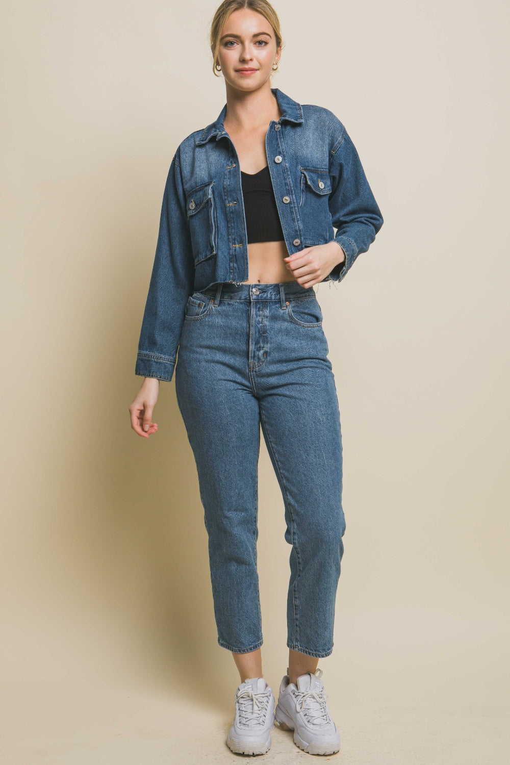 Love Tree Raw Hem Button Up Cropped Denim Jacket-TOPS / DRESSES-[Adult]-[Female]-2022 Online Blue Zone Planet