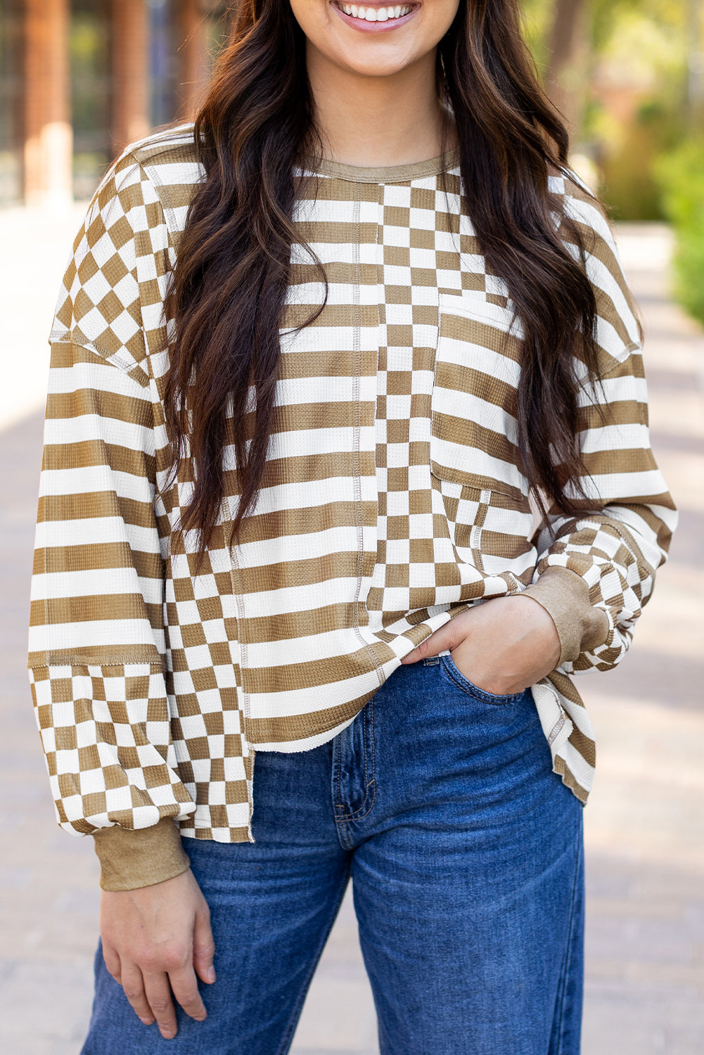 Dark Grey Checkerboard Striped Patchwork Lantern Sleeve Pocketed Blouse-Tops/Long Sleeve Tops-[Adult]-[Female]-2022 Online Blue Zone Planet