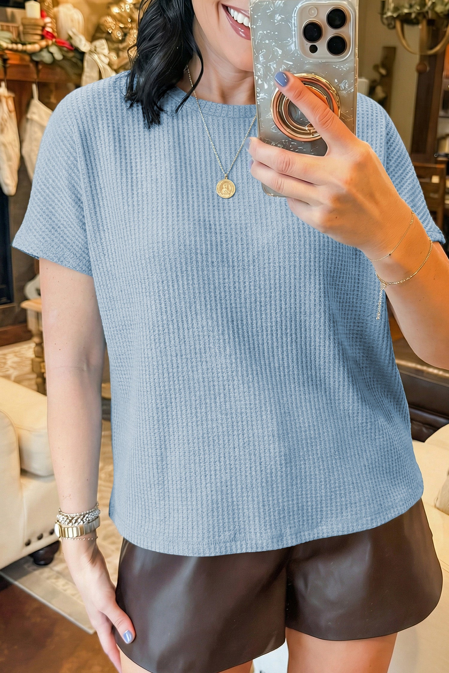 Sea Green Waffle Textured Knit Dolman Short Sleeve Loose Top-Tops/Tops & Tees-[Adult]-[Female]-2022 Online Blue Zone Planet