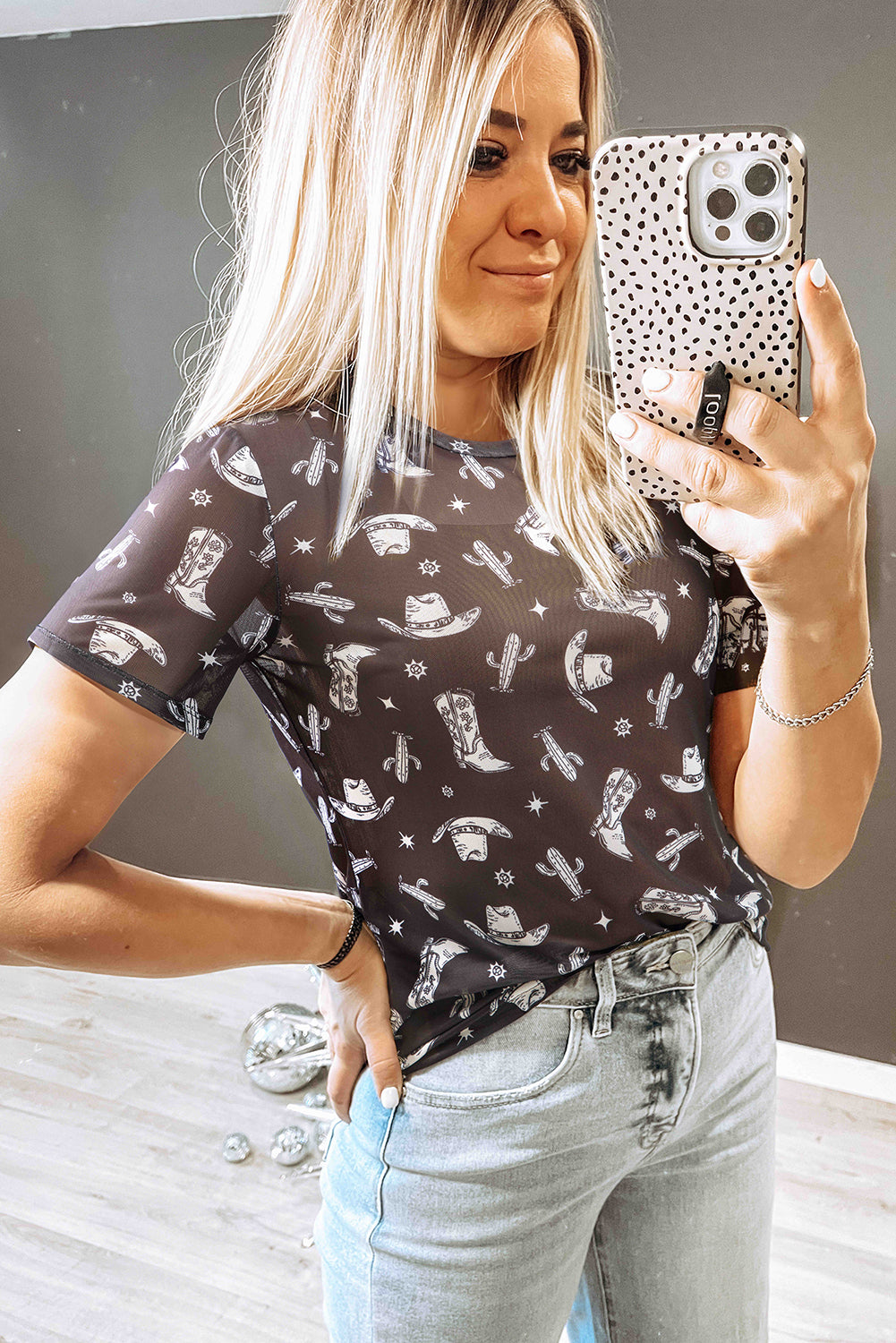 Black Western Pattern Mesh Sheer Crew Neck T Shirt-Tops/Tops & Tees-[Adult]-[Female]-2022 Online Blue Zone Planet